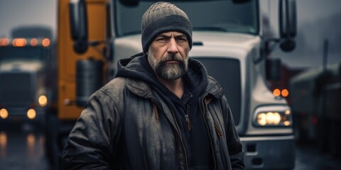 A man with a beard is standing in front of a truck. This image can be used to showcase a truck driver or as a representation of the transportation industry.