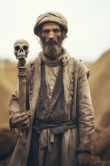 A bearded man wearing a hat holds a skull in his hand. This image can be used in various contexts such as Halloween, horror, or even as a prop for theatrical performances.