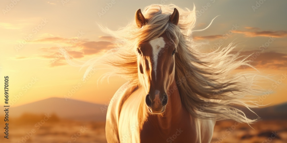 Poster A brown horse with a long mane running in a field. Perfect for equestrian and nature-themed projects