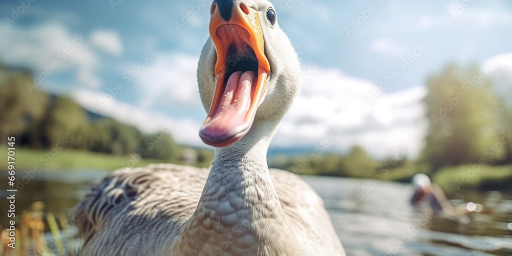 Poster A duck with its mouth open standing in front of a body of water. This image captures the natural behavior of a duck in its habitat. Perfect for nature enthusiasts and educational materials