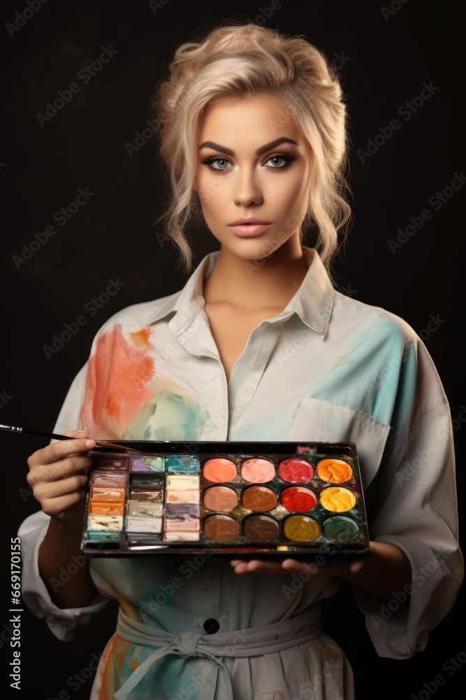 Poster a woman is depicted holding a palette and a brush. this image can be used in various creative projec