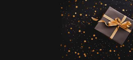Banner with stars confetti and gift box tied with cord on a black background