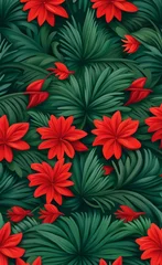 Fotobehang Christmas tree seamless pattern, tropical leaf wallpaper design, red flowers, seamless pattern, mural art, Generative AI © Hitesh