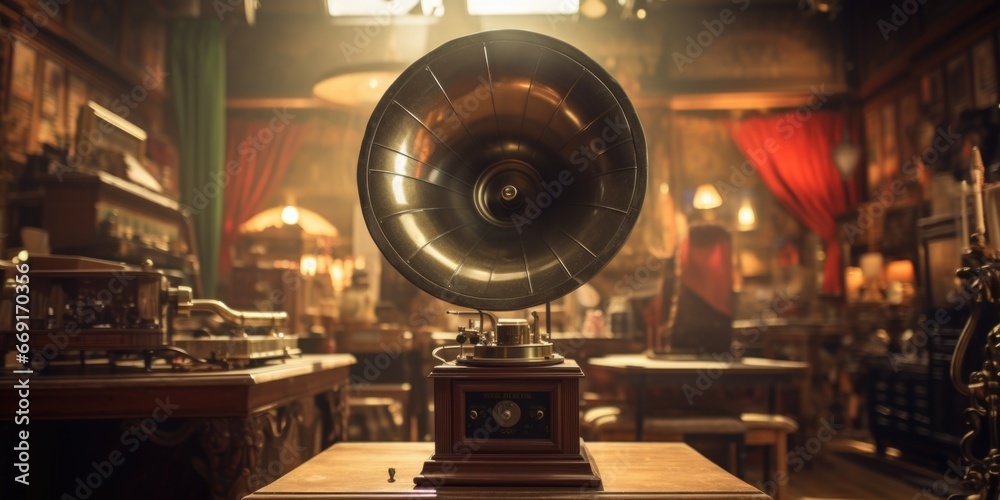 Poster an antique gramophone displayed on a table in a room. this vintage piece adds a touch of nostalgia t