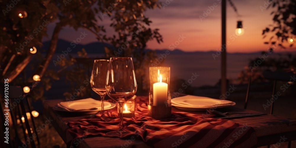 Poster a beautifully arranged table with two wine glasses and a candle. perfect for creating a romantic amb