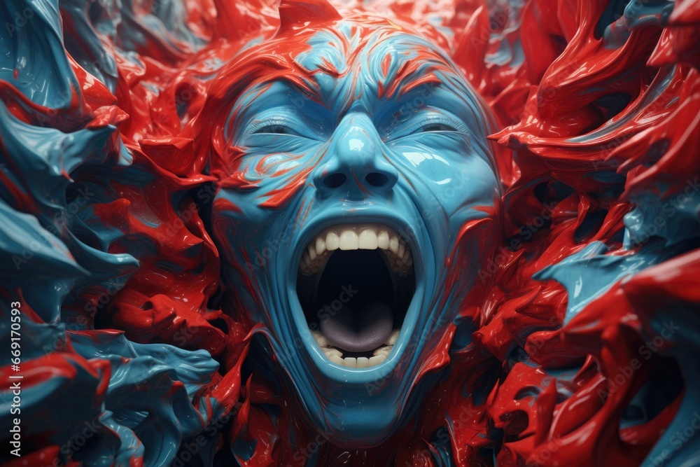 Poster A close up view of a person's face with vibrant red and blue paint applied. This image can be used for various purposes, such as festive events, artistic expressions, or costume makeup
