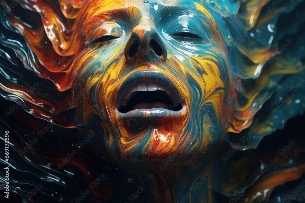 Poster A close up of a woman's face with vibrant and colorful paint. This image can be used for various creative projects and artistic concepts