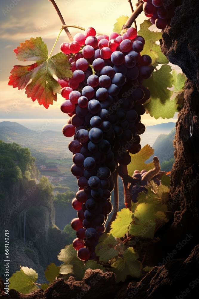 Poster a cluster of ripe grapes hanging from a tree branch. this image can be used to depict nature, agricu