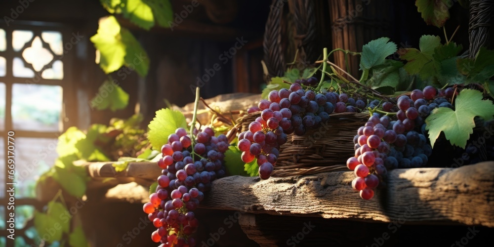 Poster a bunch of grapes hanging from a window sill. perfect for adding a touch of freshness and nature to 