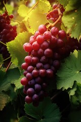 A vibrant bunch of grapes hanging from a vine. This picture captures the freshness and beauty of...