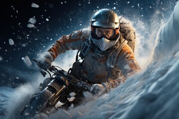 An adventurous snowmobile ride through the snowy wilderness, where the rider speeds through the winter wonderland, embracing the thrill of extreme cold weather action