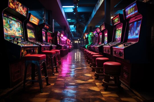 In the arcade room, neon lights illuminate rows of vintage game machines, offering retro gaming entertainment. The coin-operated devices evoke nostalgia for classic video games