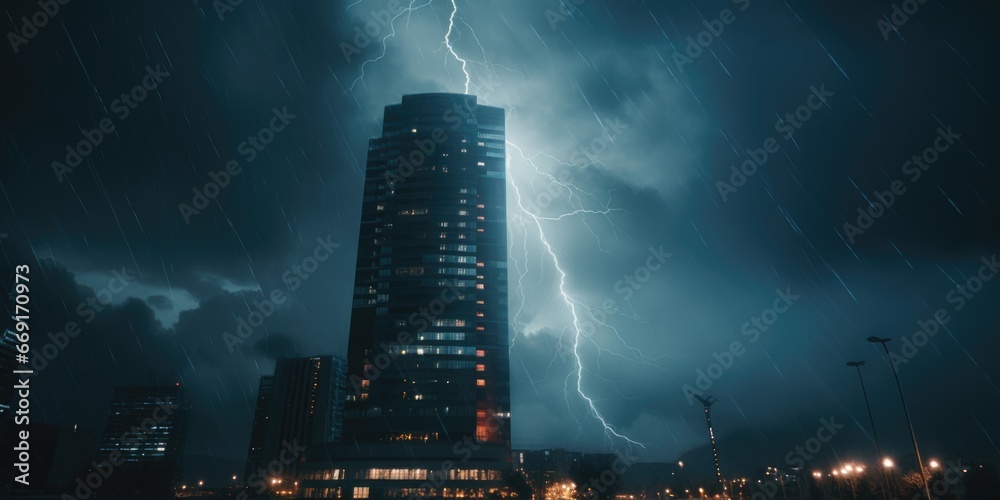 Poster a striking image of a tall building with a dramatic lightning bolt in the background. perfect for il