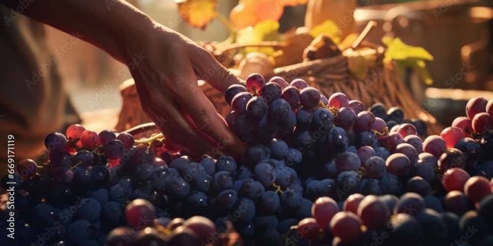 Aufkleber A close-up view of a person carefully picking grapes from a basket. This image can be used to showcase the harvest season or highlight the process of grape picking.