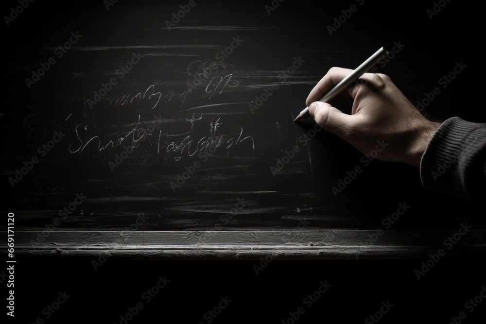 Poster a person is seen writing on a blackboard with a pen. this image can be used for educational purposes