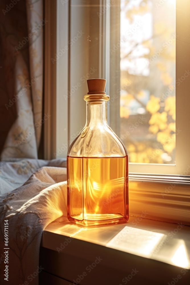 Poster a bottle of liquid sitting on a window sill. suitable for various uses