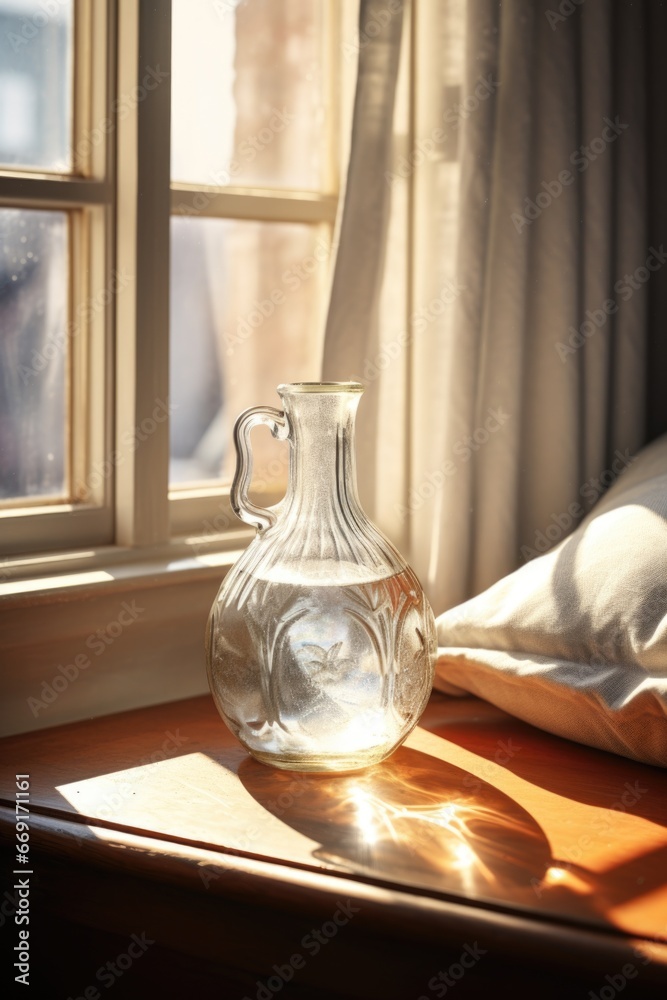 Poster a clear glass vase sitting on top of a wooden table. this versatile image can be used in various con