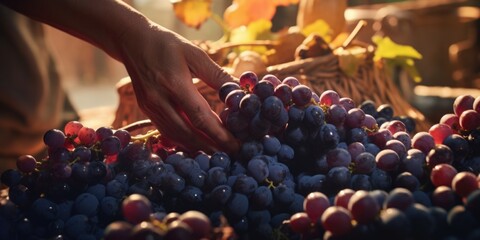 A close-up view of a person carefully picking grapes from a basket. This image can be used to...