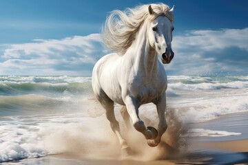 A white horse galloping freely along the sandy beach near the vast ocean. Perfect for nature and animal-themed projects