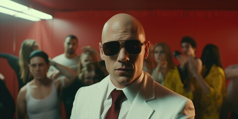 Fototapeta premium A bald man wearing a white suit and red tie. This picture can be used for business or formal occasions