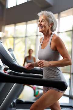 Active senior woman running on a treadmill in the gym. Generated by AI.