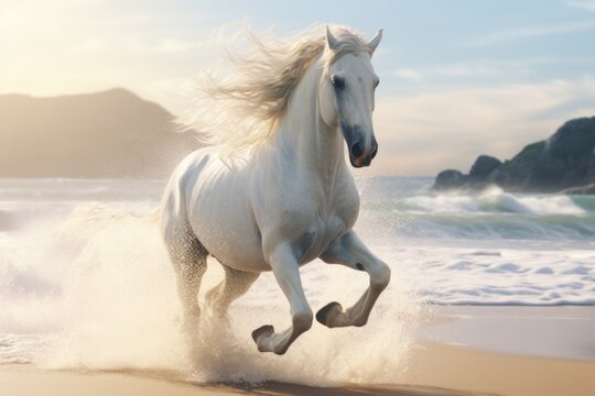 A majestic white horse running freely on a sandy beach near the ocean. Perfect for nature and animal enthusiasts.