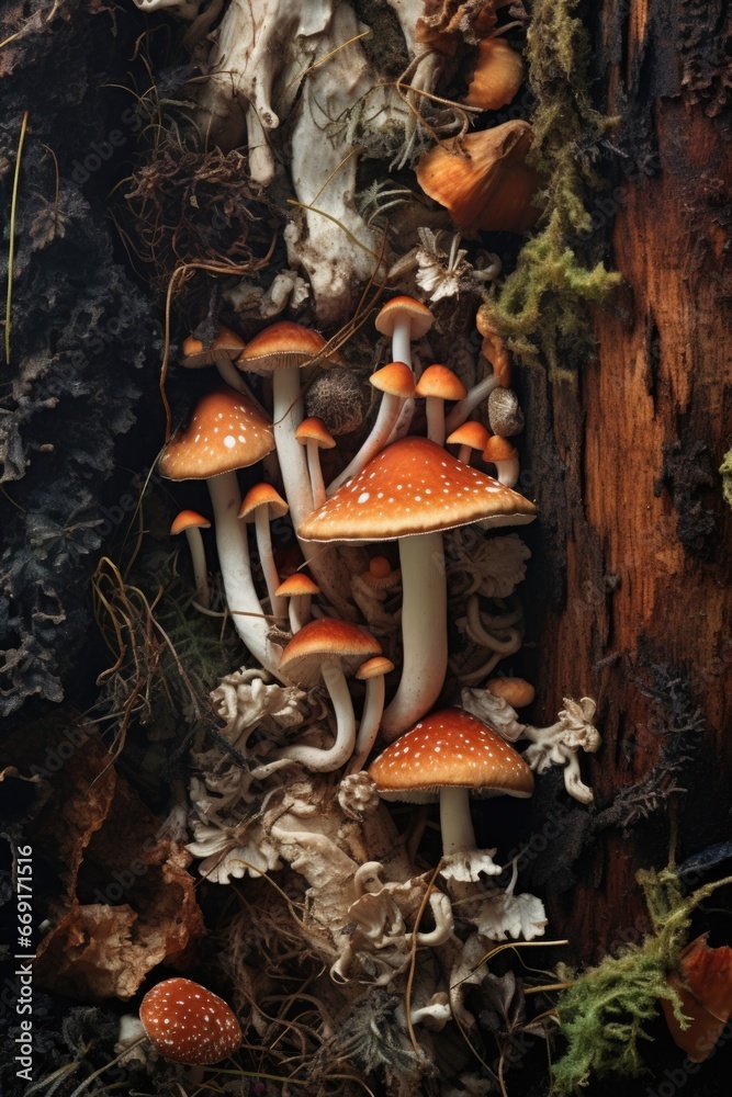Poster a group of mushrooms sitting on top of a tree stump. can be used to depict nature, forest, or fungi 