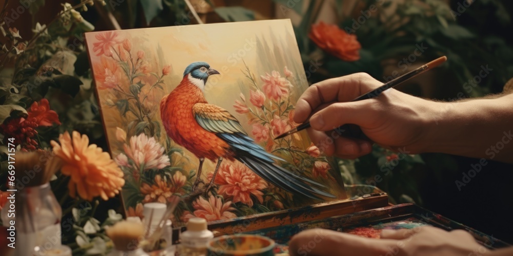 Poster a person is painting a picture of a bird. this image can be used for art-related projects or to illu