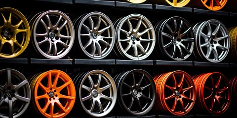 the wheels and aloy rims of a retail car dealer - obrazy, fototapety, plakaty