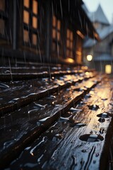 A wooden bench covered in rain next to a building. This image can be used to depict solitude, urban scenery, or a rainy day
