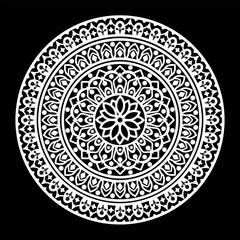  Round white mandala on black background.
Vector illustration.