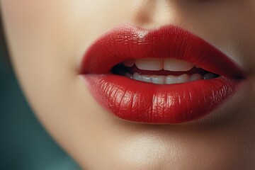 Obraz premium A close-up view of a woman's lips with vibrant red lipstick. Perfect for beauty and makeup concepts