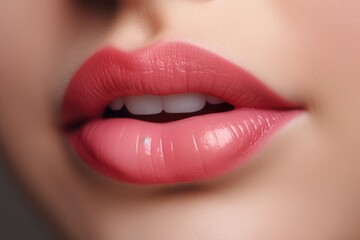 Fototapeta premium A close-up view of a woman's lips with vibrant pink lipstick. This image can be used to convey beauty, fashion, makeup, or femininity