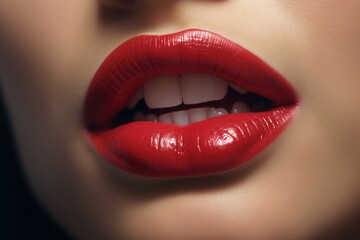 Obraz premium A close-up view of a woman's lips adorned with vibrant red lipstick. Perfect for beauty and cosmetics-related projects