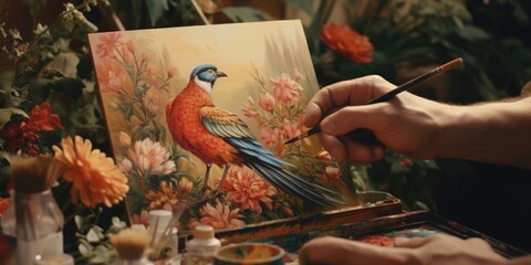 Naklejka na ściany i meble A person is painting a picture of a bird. This image can be used for art-related projects or to illustrate the creative process