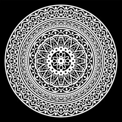  Round white mandala on black background.
Vector illustration.