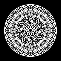 Round white mandala on black background.
Vector illustration.