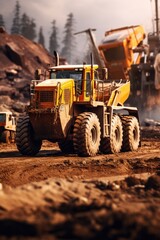 Obraz premium A picture of a large yellow truck driving down a dirt road. Suitable for transportation or construction related projects