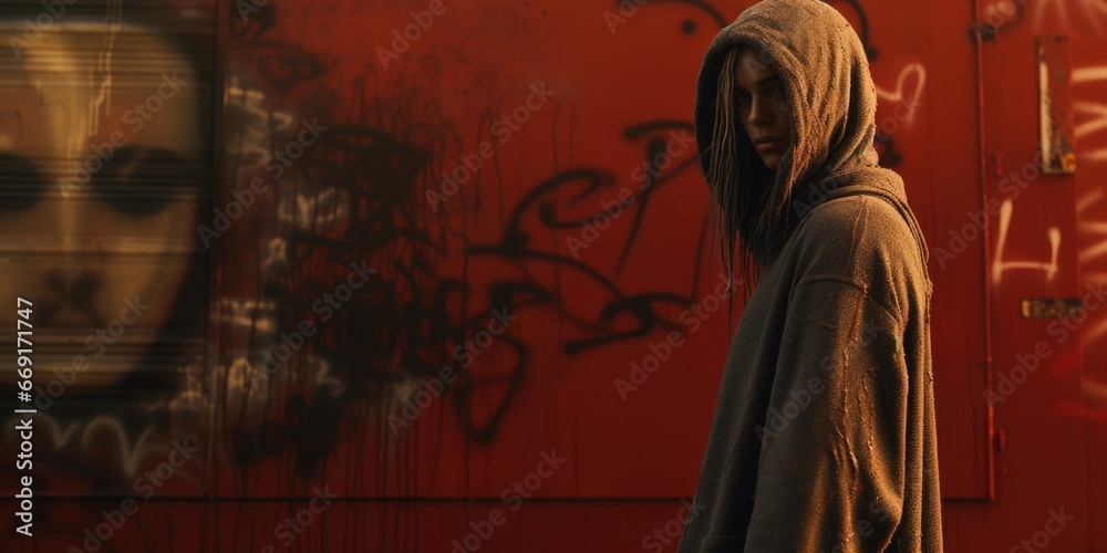 Poster A person standing in front of a wall adorned with colorful graffiti. This image can be used to depict urban art, self-expression, or street culture