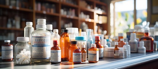 Medicines on pharmacy shelves, bright display
