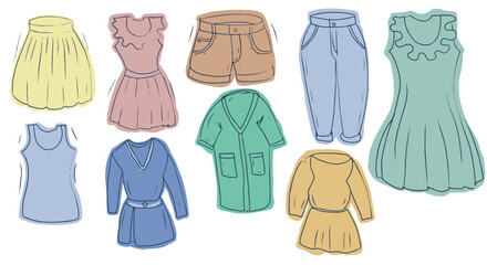 clothing set hand drawn sketch doodle coloring, jeans, trousers. dress, shorts, T-shirt, skirt outfit elements separately on a white background wardrobe shopping