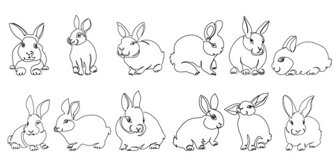 Set of outline rabbits, symbol of Easter or eastern horoscope one line art