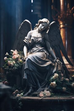 A statue of an angel peacefully sitting on a bench. This image can be used to represent tranquility and spirituality in various projects