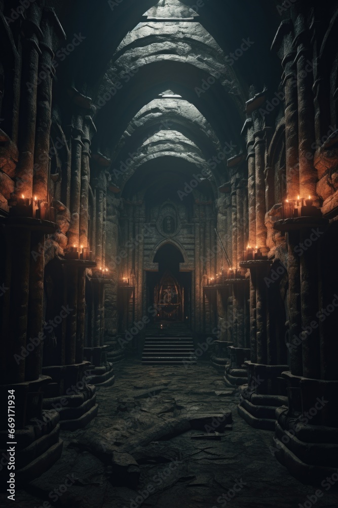 Aufkleber A picture of a dimly lit room with columns and candles. This image can be used to create a mysterious or romantic atmosphere