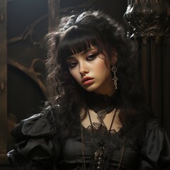 Fototapeta premium In this society, a Valentine's day moment is captured, where a lovely woman in gothic attire meets the romantic female spirit of the Victorian summertime