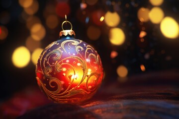 Fototapeta premium A festive red and gold Christmas ornament placed on a table. Perfect for holiday decorations or adding a touch of elegance to any Christmas-themed project.