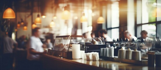 Cafe Ambience: A Blurry View of Staff and Patrons in a Restaurant. Generative ai