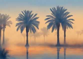 Fototapeta na wymiar Palm trees at sunset - Created with Generative AI Technology