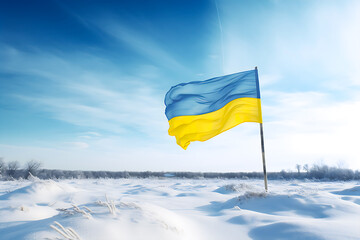 Ukrainian flag in the wind in winter