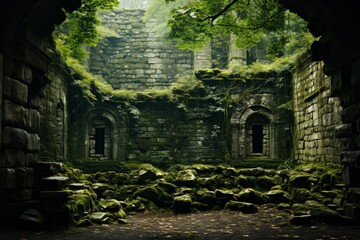 old abandoned stone building with ivy and vegetation